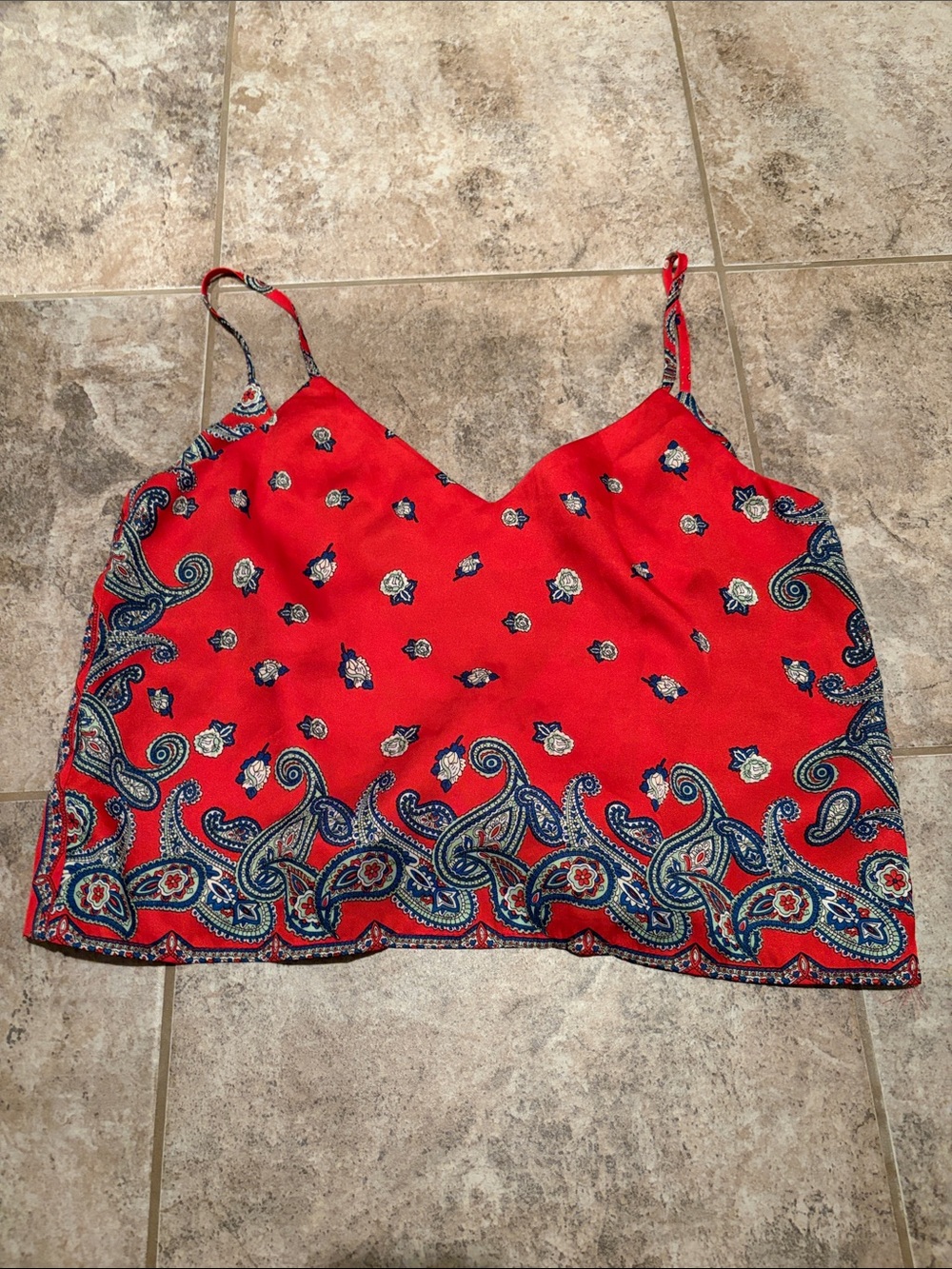 red paisley print spaghetti strap tank